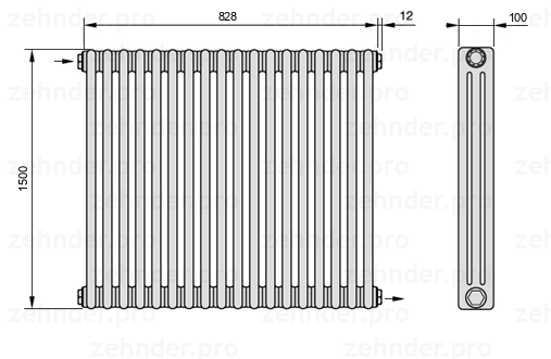Схема (чертеж) Радиатор Zehnder Charleston 3150/18 №1670 Белый глянцевый RAL 9016